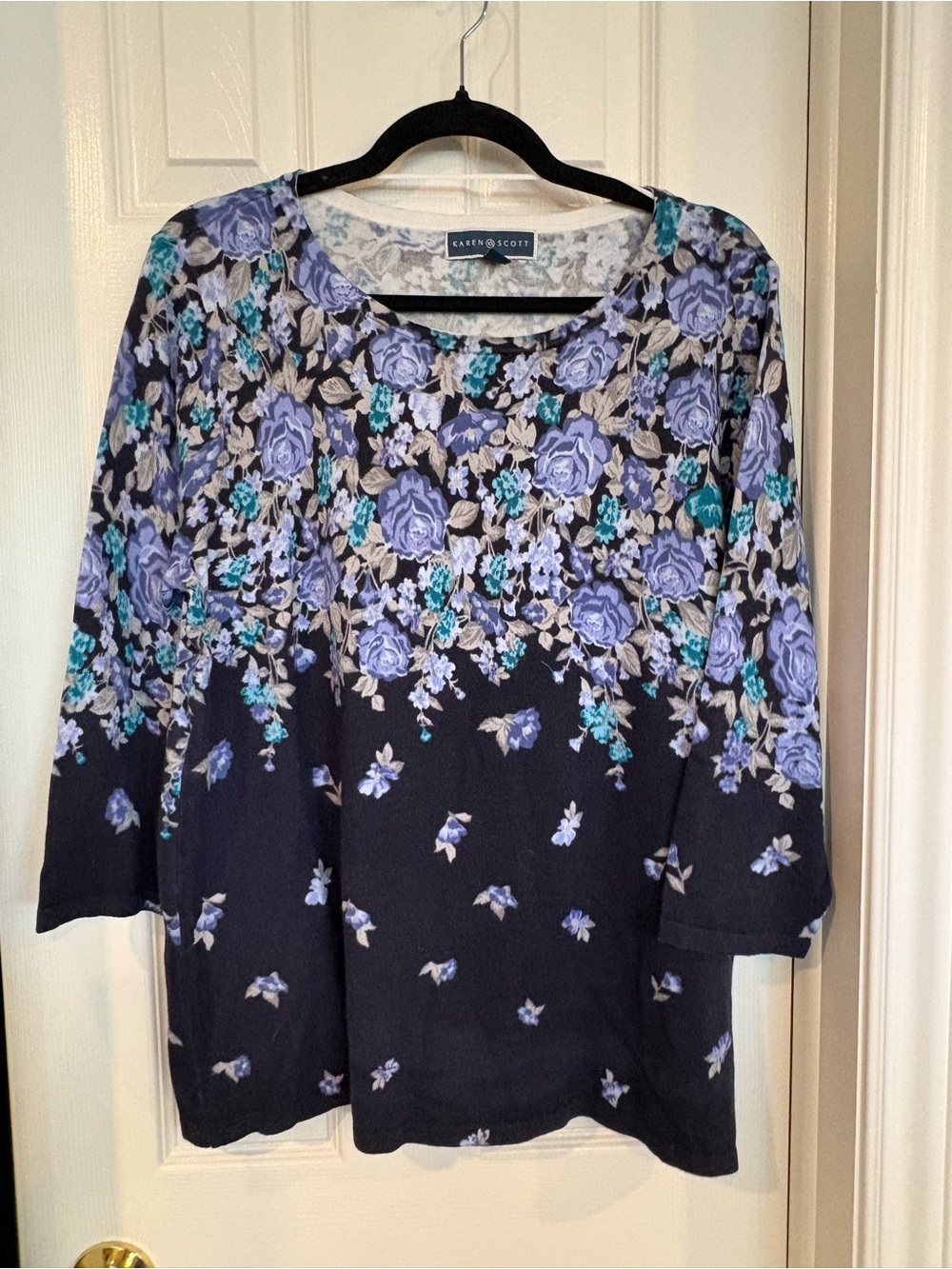 Karen Scott Floral Scoop Neck Top — Navy with Lavender & Teal Flowers